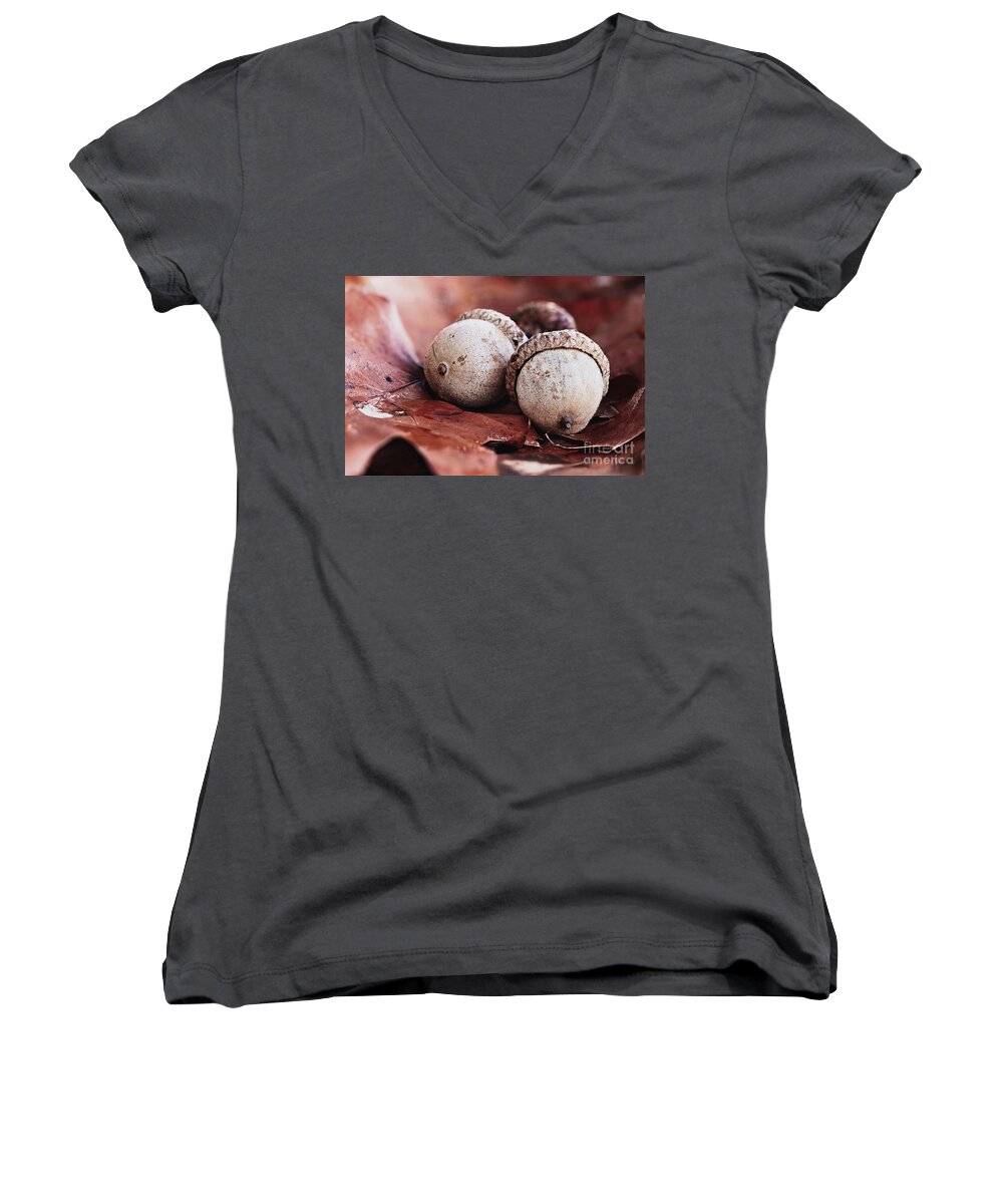 Acorn Women's V-Neck featuring the photograph Three Acorns and Autumn Oak Leaves by Stephanie Frey