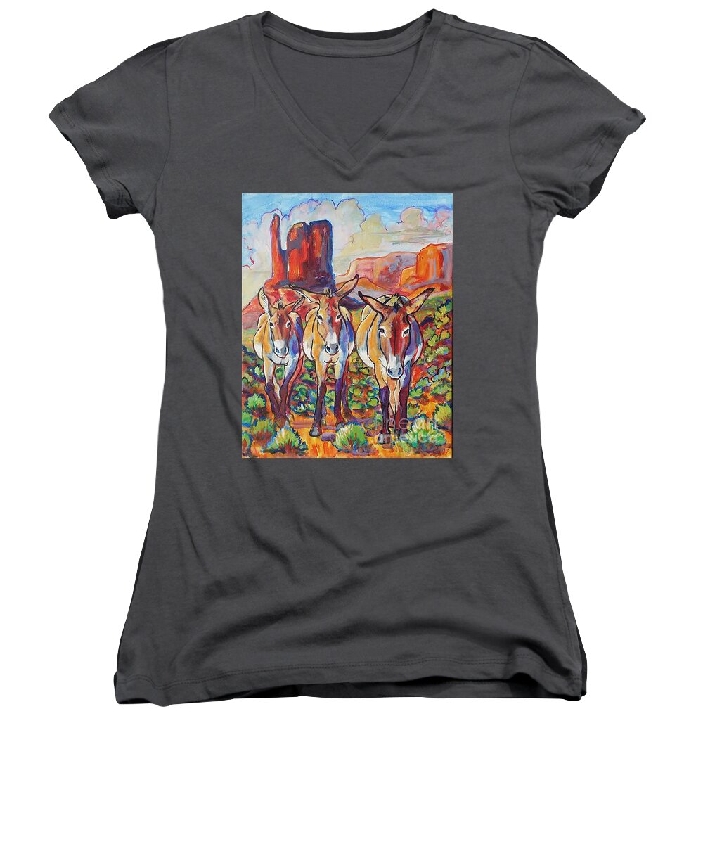 Donkey Women's V-Neck featuring the painting Three Amigos by Jenn Cunningham