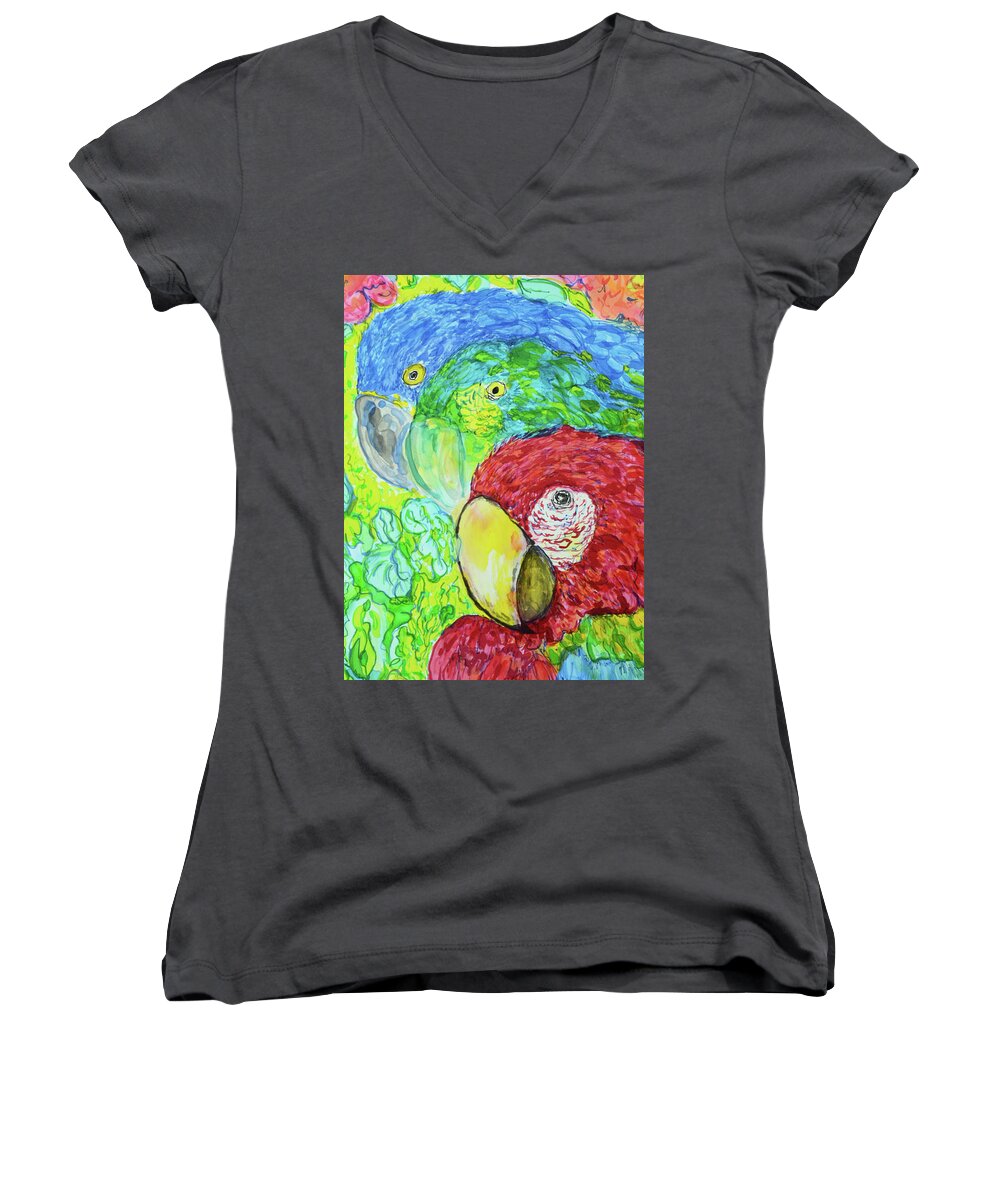 Silk Painting Birds Macaws Women's V-Neck featuring the painting Three Amigos by Susan Moody