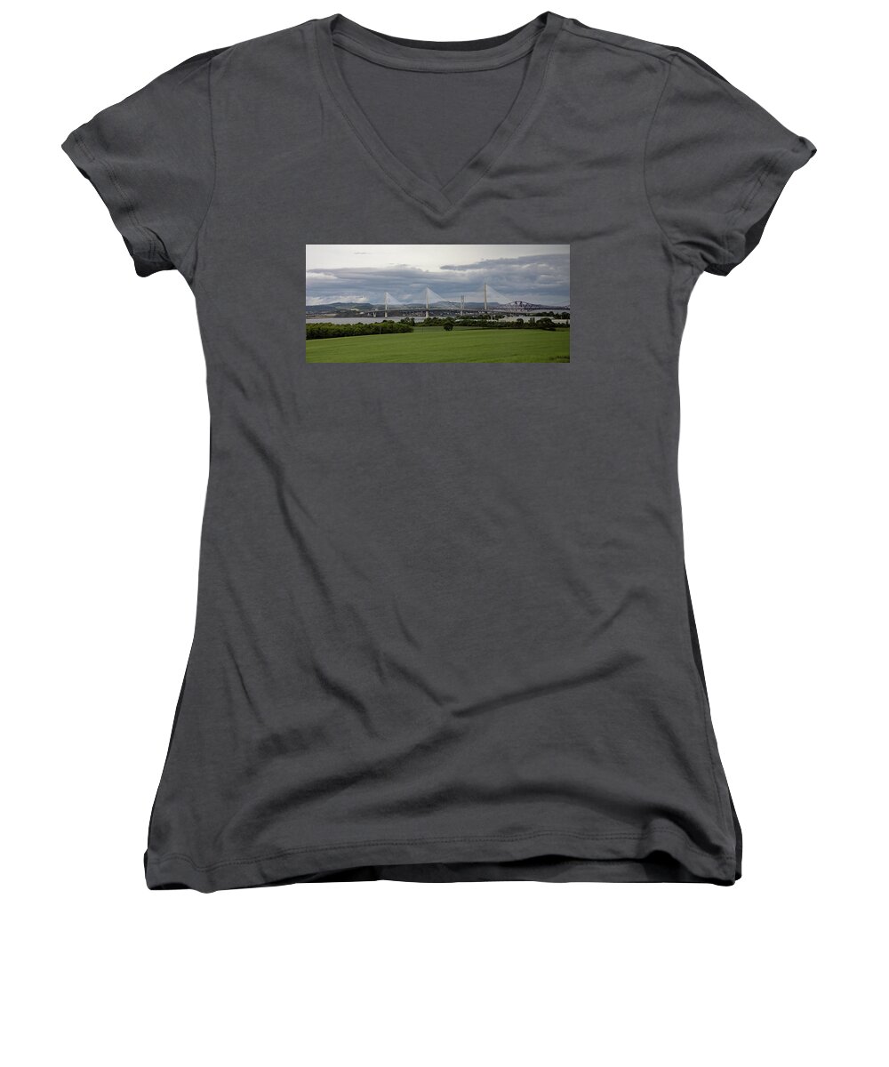 Scotland Women's V-Neck featuring the photograph Three Bridges Over the Forth by Teresa Wilson