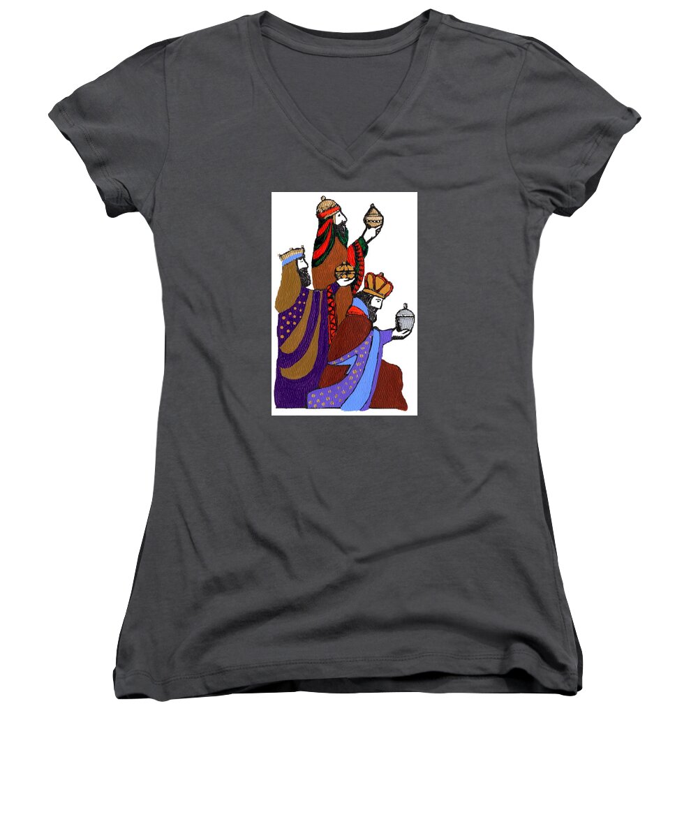 Three Kings. Women's V-Neck featuring the painting Three Kings by Joe Dagher