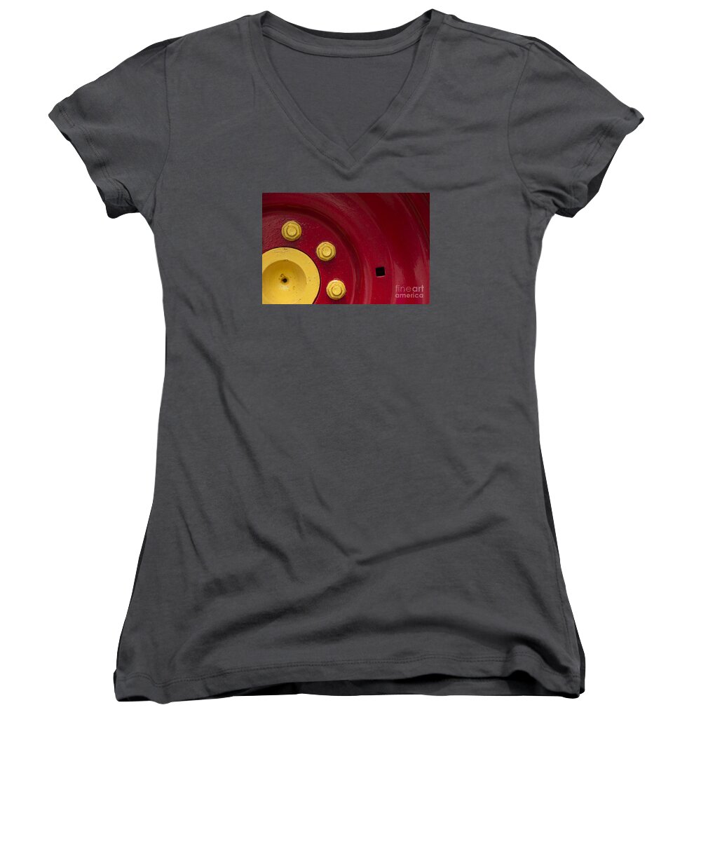 Three Women's V-Neck featuring the photograph Three Yellow Nuts On A Red Wheel by Wendy Wilton
