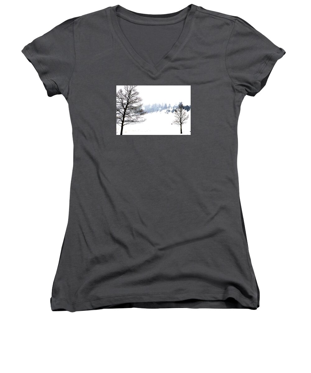 Landscape Women's V-Neck featuring the photograph Through the Falling snow by Jacqui Binford-Bell