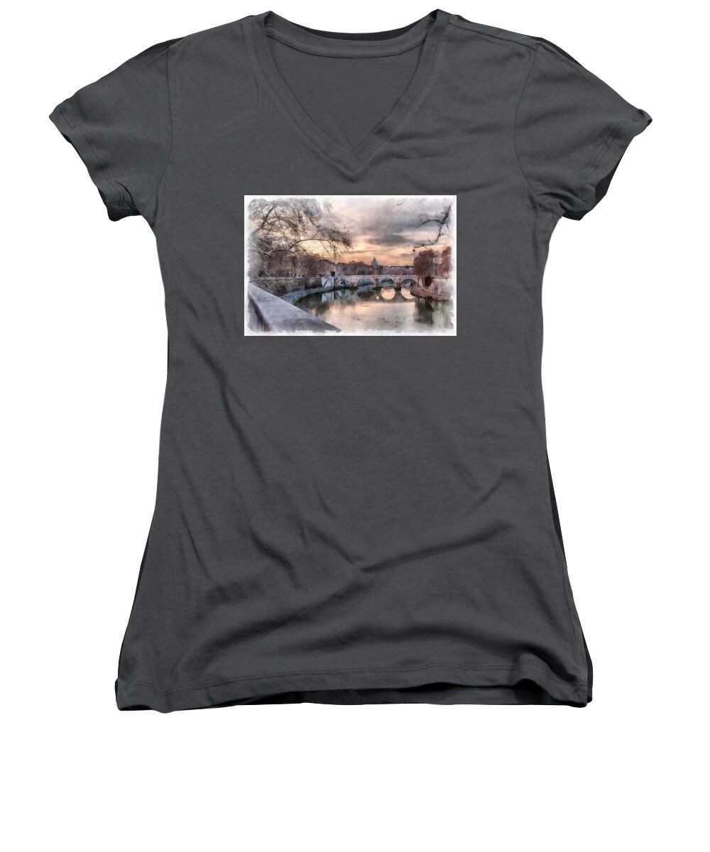 Rome Women's V-Neck featuring the photograph Tiber - Aquarelle by Sergey Simanovsky