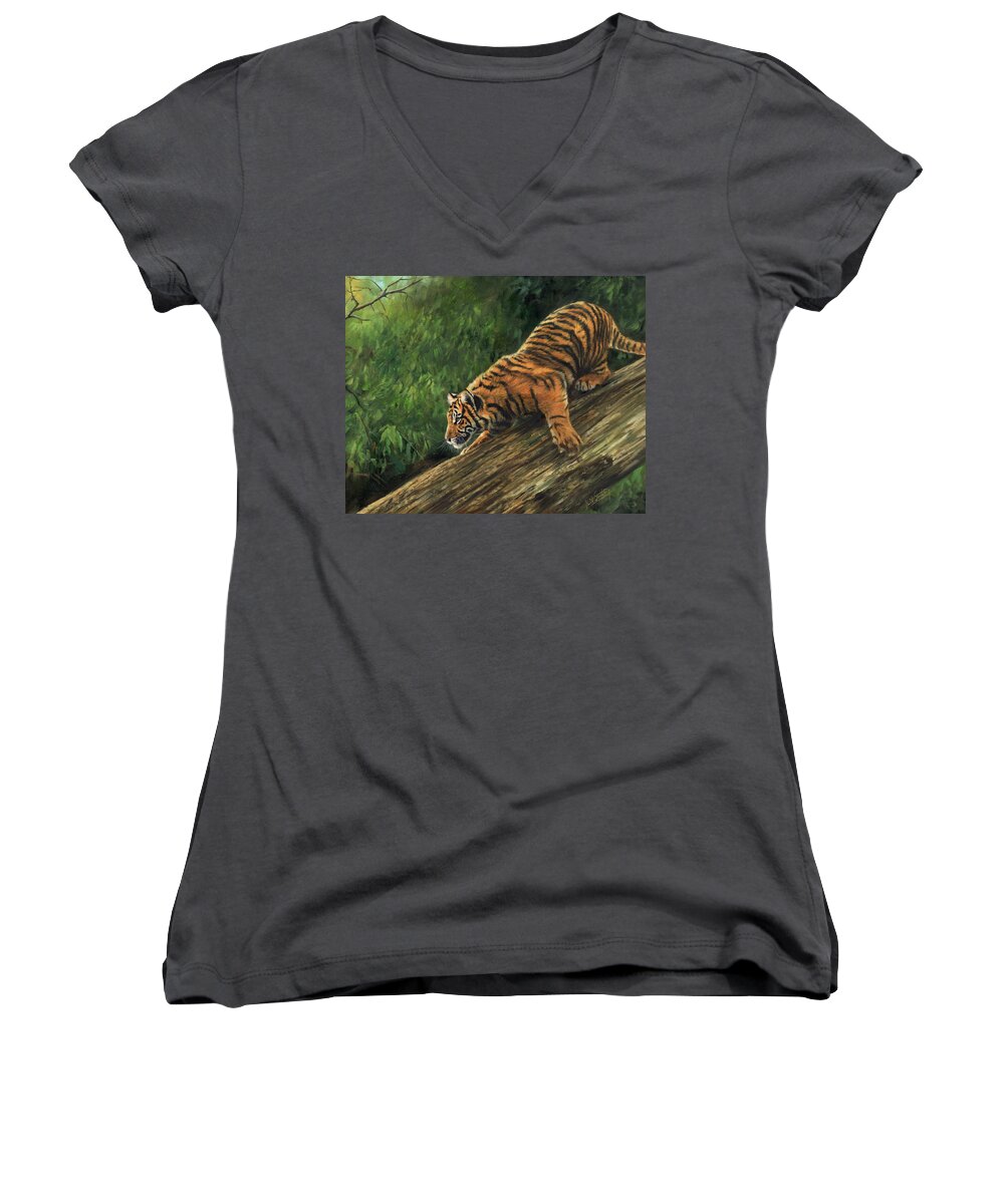 Tiger Women's V-Neck featuring the painting Tiger Descending Tree by David Stribbling