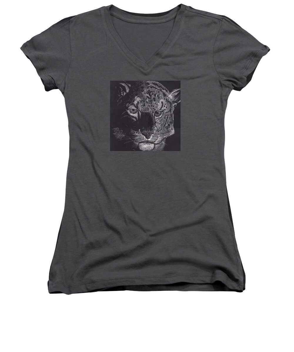 Wildlife Women's V-Neck featuring the digital art Tiger Scratch Board by Darren Cannell