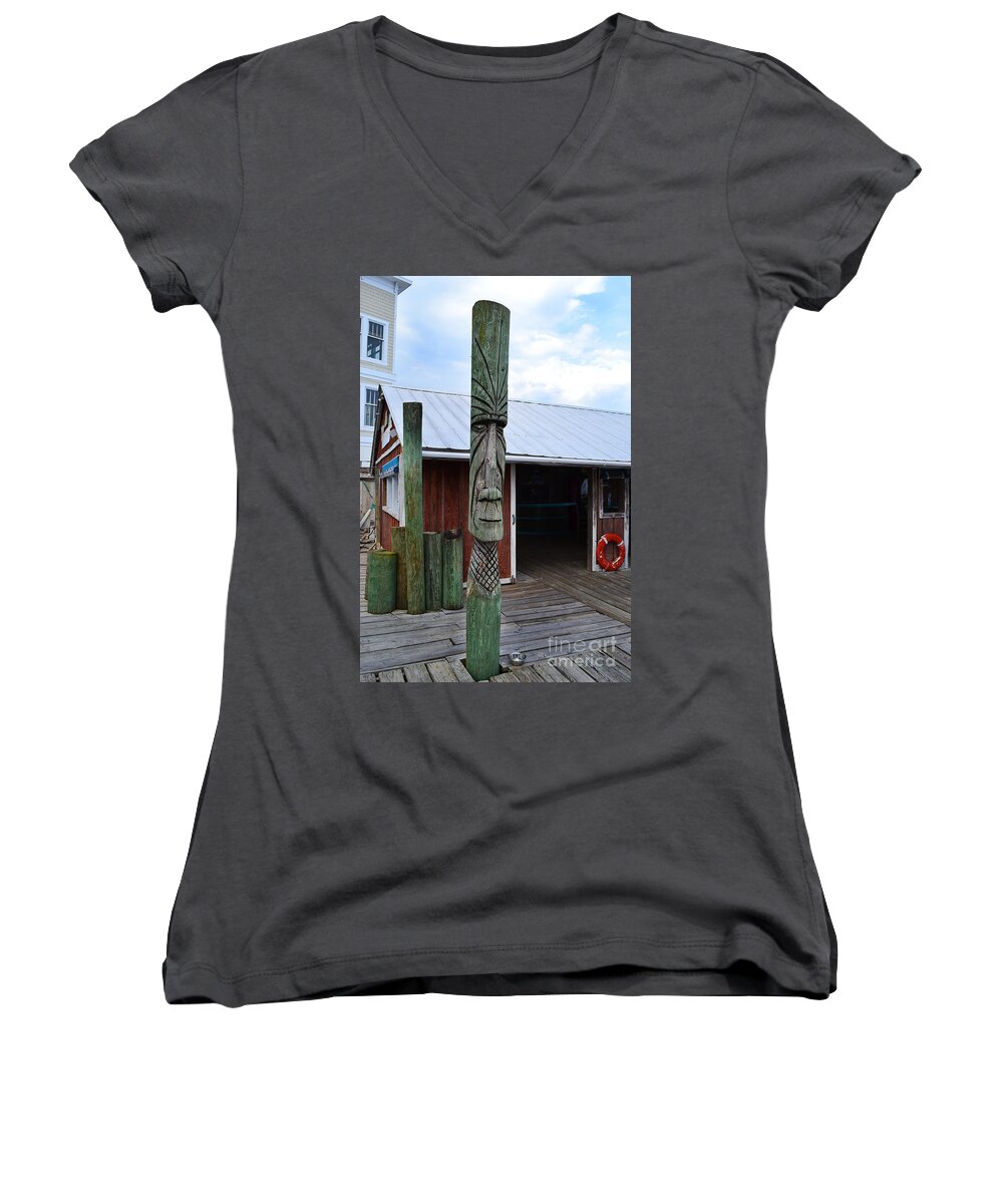 Southport Women's V-Neck featuring the photograph Tiki American Fish Company by Amy Lucid