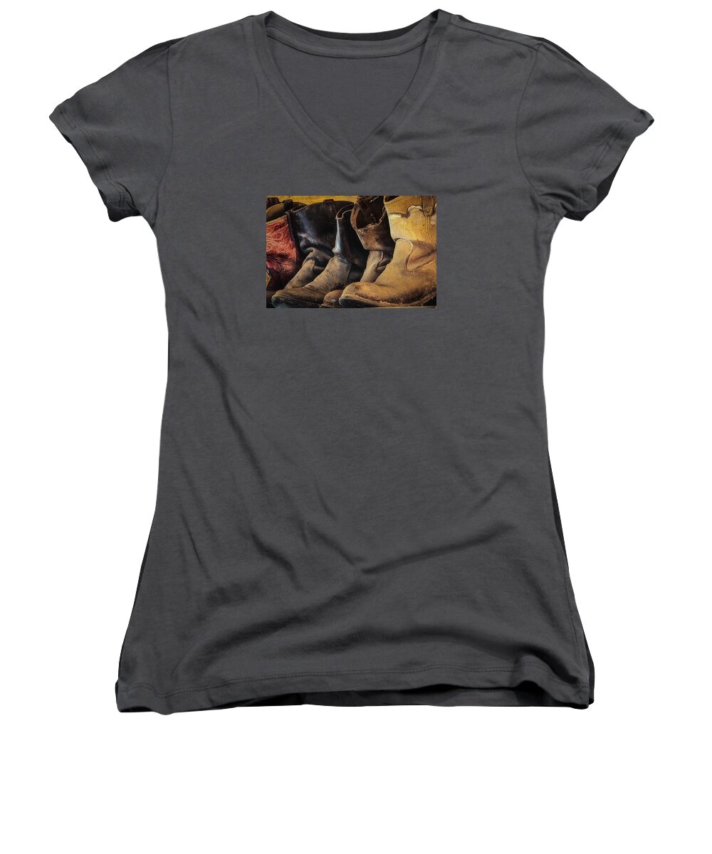 Boots Women's V-Neck featuring the photograph Tired Boots by Laura Pratt