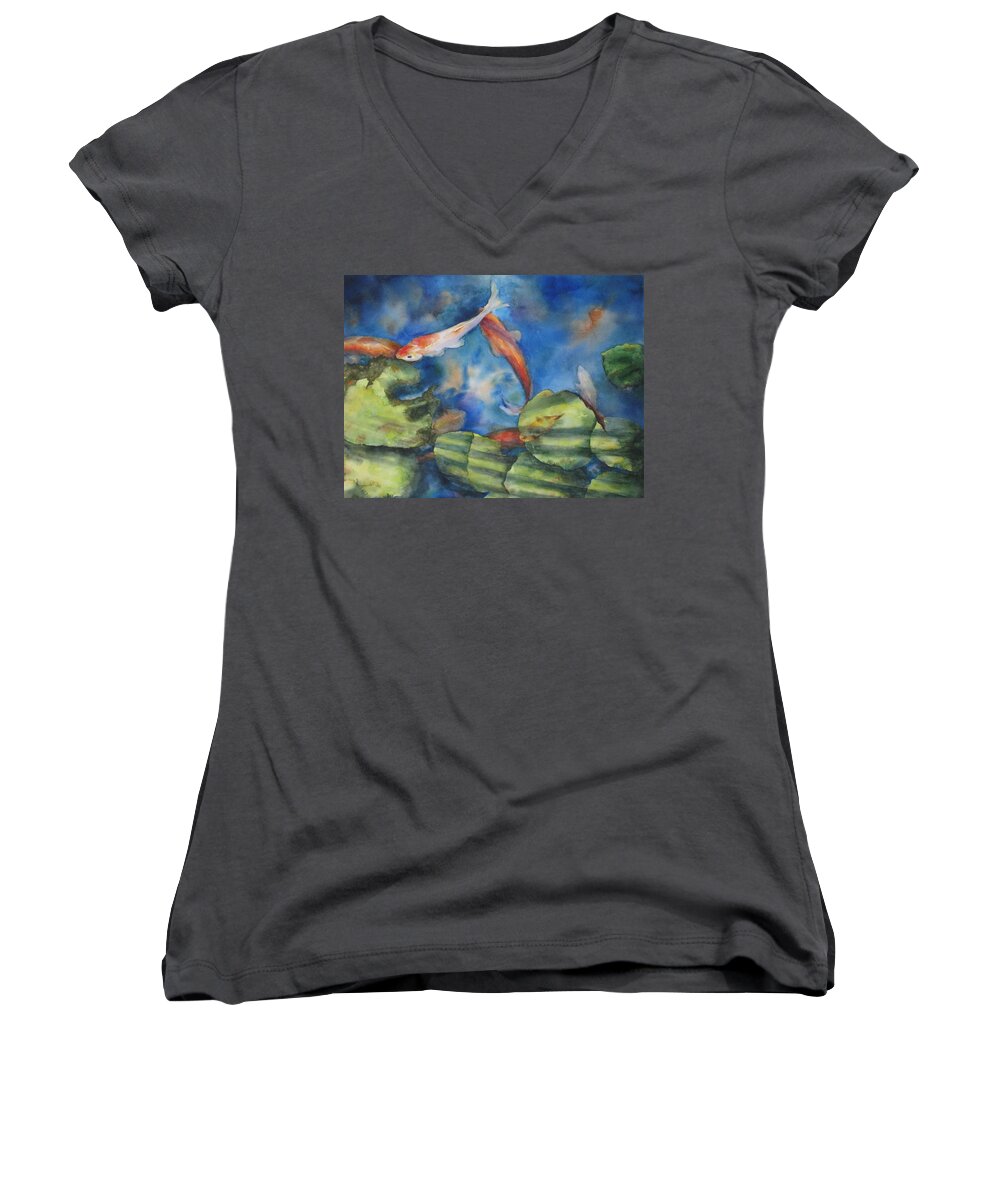 Koi Women's V-Neck featuring the painting Tom's Pond by Mary McCullah