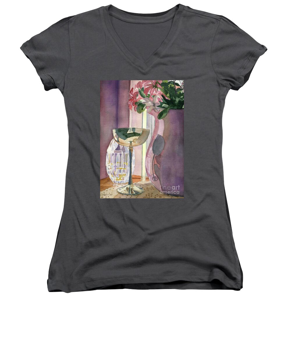 Watercolor Women's V-Neck featuring the painting Top of the Stairs by Lynne Reichhart
