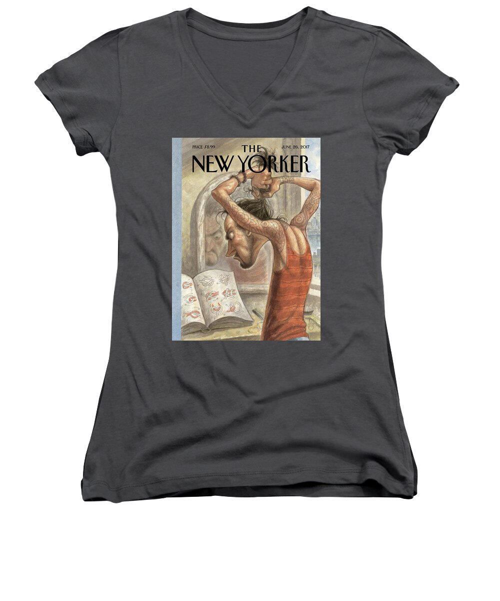Topknot Women's V-Neck featuring the drawing Topknot by Peter de Seve