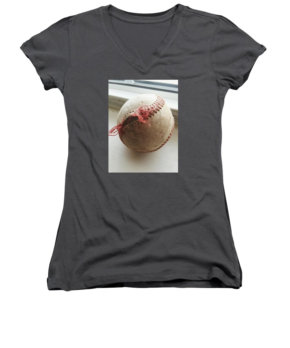 Baseball Women's V-Neck featuring the photograph Torn Baseball by Mary Spencer