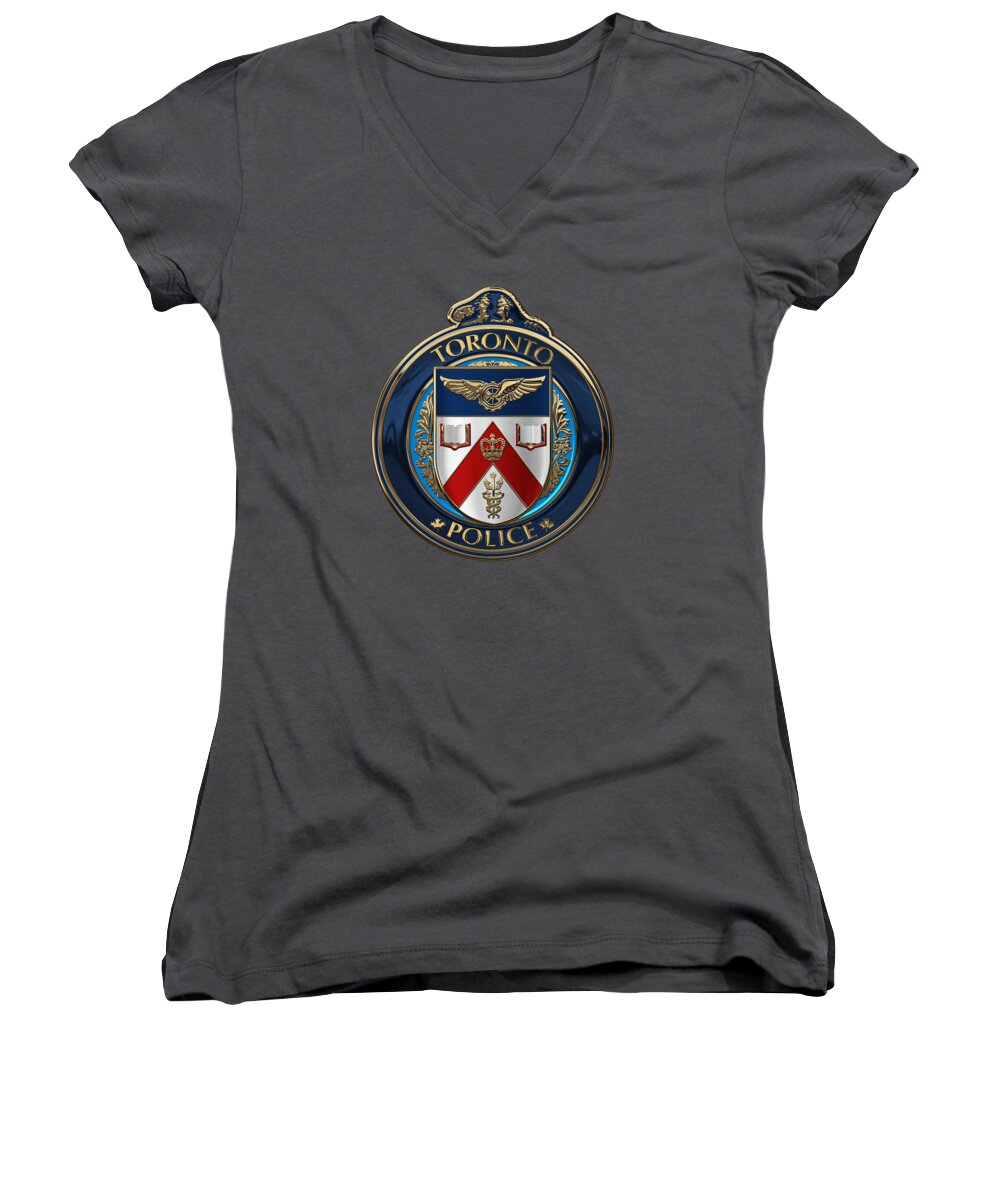 'law Enforcement Insignia & Heraldry' Collection By Serge Averbukh Women's V-Neck featuring the digital art Toronto Police Service - T P S Emblem over Blue Velvet by Serge Averbukh