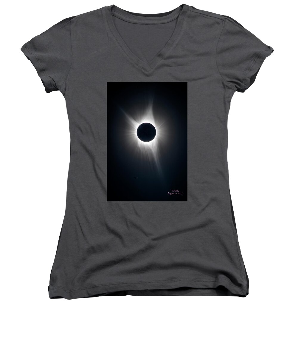 Solar Eclipse Women's V-Neck featuring the photograph Totality by Greg Norrell