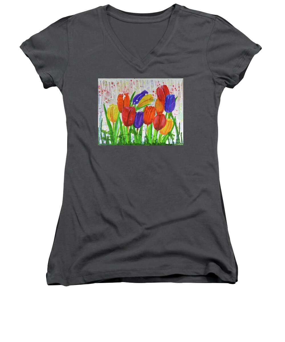 Crisman Women's V-Neck featuring the painting Totally Tulips by Lisa Crisman