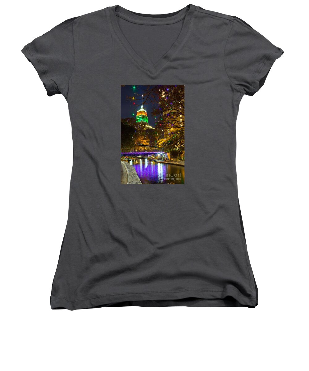 Michael Tidwell Photography Women's V-Neck featuring the photograph Tower Life Riverwalk Christmas by Michael Tidwell