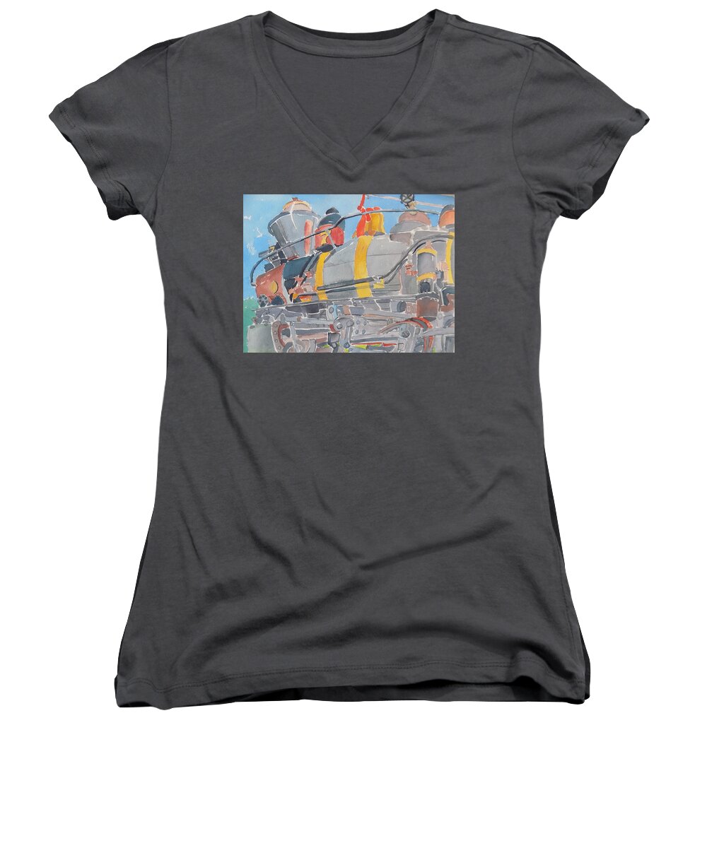 Train Women's V-Neck featuring the painting Train Engine by Rodger Ellingson