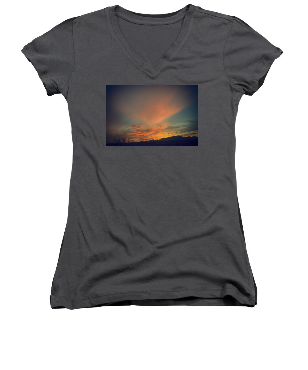 Skies Women's V-Neck featuring the photograph Tranquil Sunset by Barbara Manis