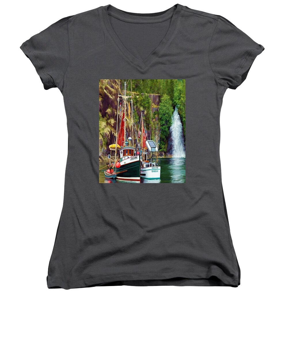 Boats Women's V-Neck featuring the painting Tranquility by David Wagner