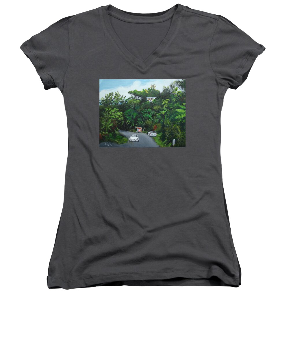 Adjuntas Women's V-Neck featuring the painting Traveling In Adjuntas Mountains by Luis F Rodriguez