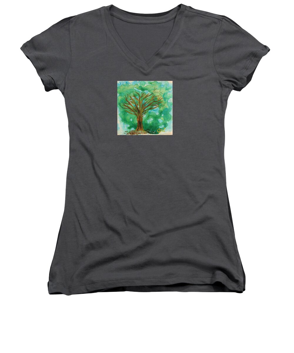 Tree Women's V-Neck featuring the painting Tree by Corinne Carroll