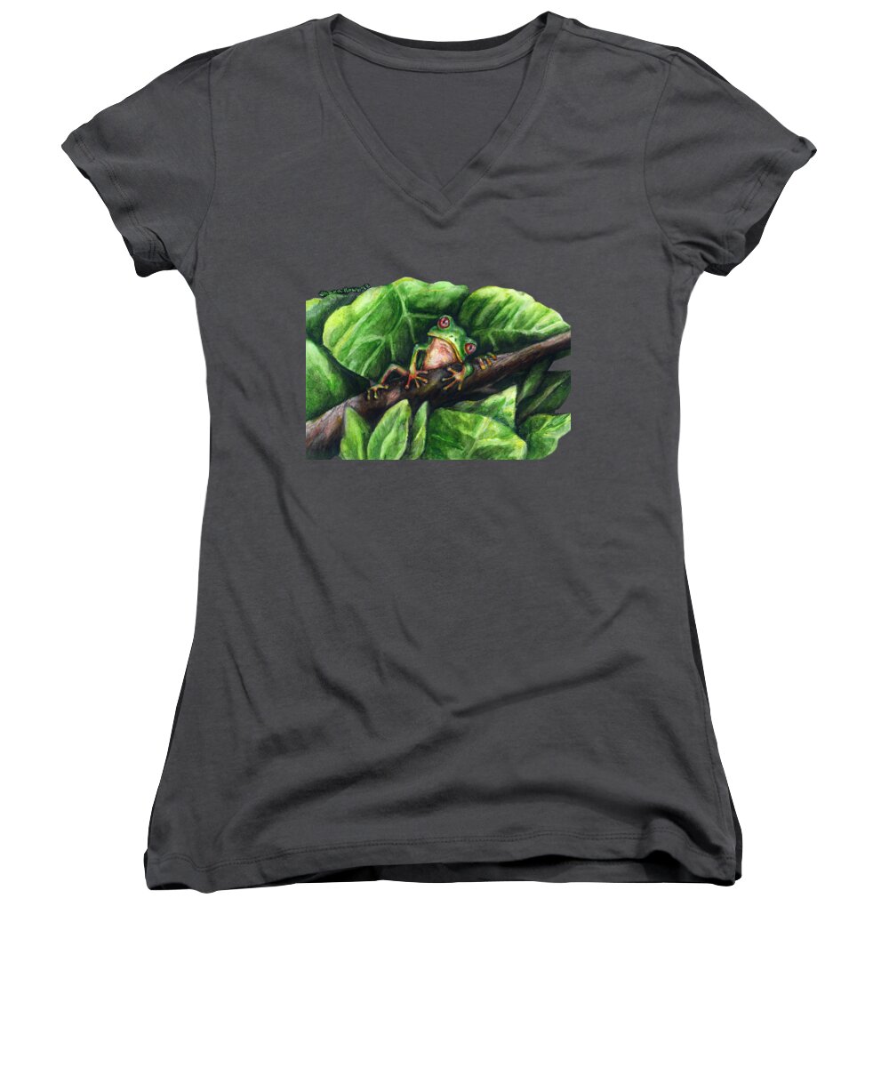 Frog Women's V-Neck featuring the painting Tree Frog products by Shana Rowe Jackson