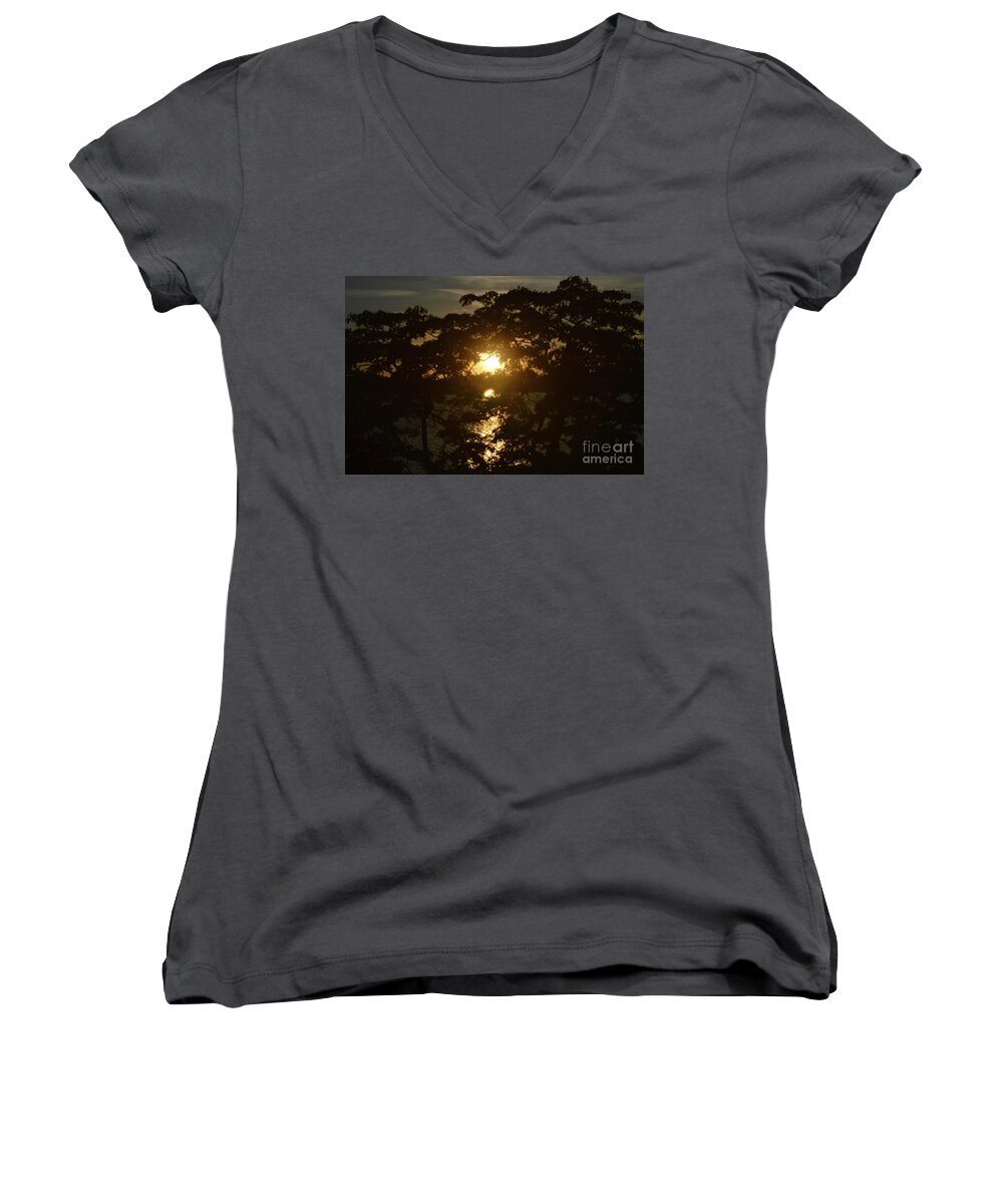 Aicy Women's V-Neck featuring the photograph Tree Lake and Sunset by Aicy Karbstein