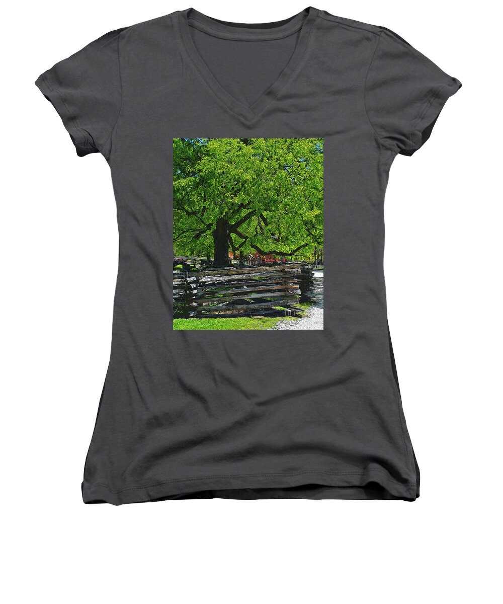 Colonial Women's V-Neck featuring the photograph Tree with Colonial Fence by George D Gordon III
