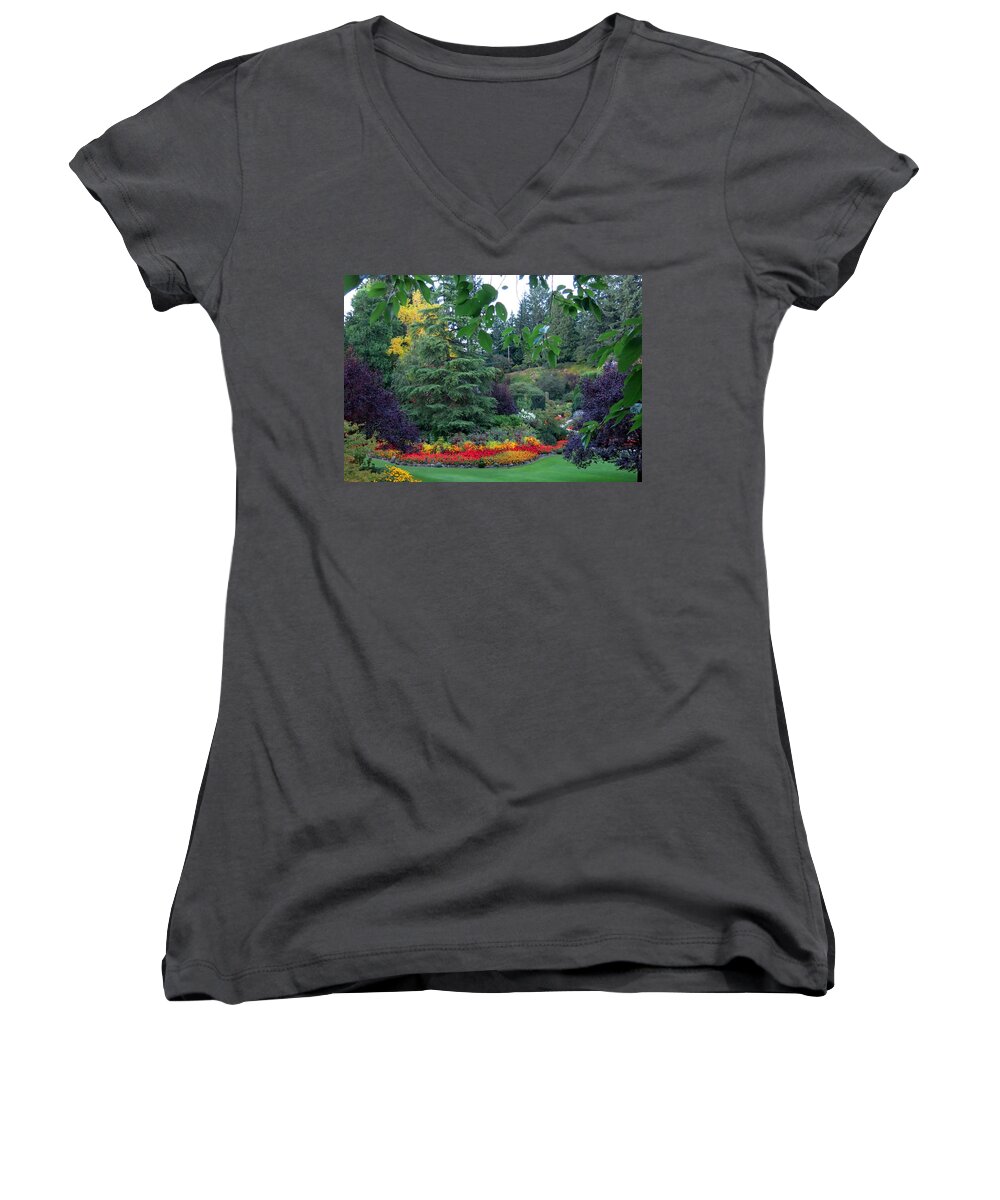 Gardens Women's V-Neck featuring the photograph Trees and Flowers by Betty Buller Whitehead