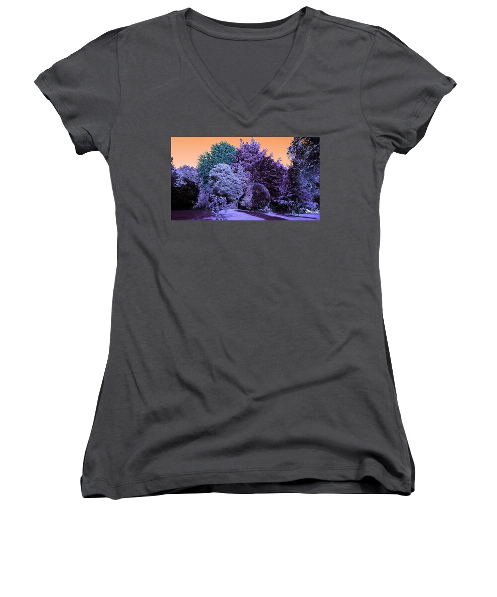 Tree Women's V-Neck featuring the photograph Treescape In Indigo Mix by Rowena Tutty