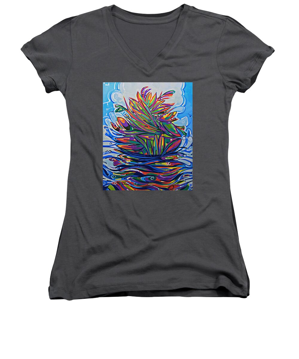 Acrylic Painting Women's V-Neck featuring the painting Tropical island by Enrique Zaldivar