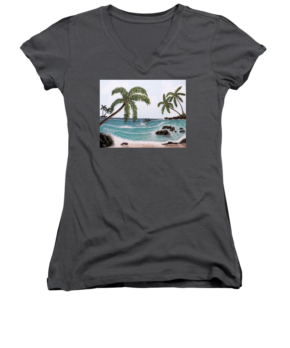 Tropical Women's V-Neck featuring the painting Tropical Paradise by Teresa Wing