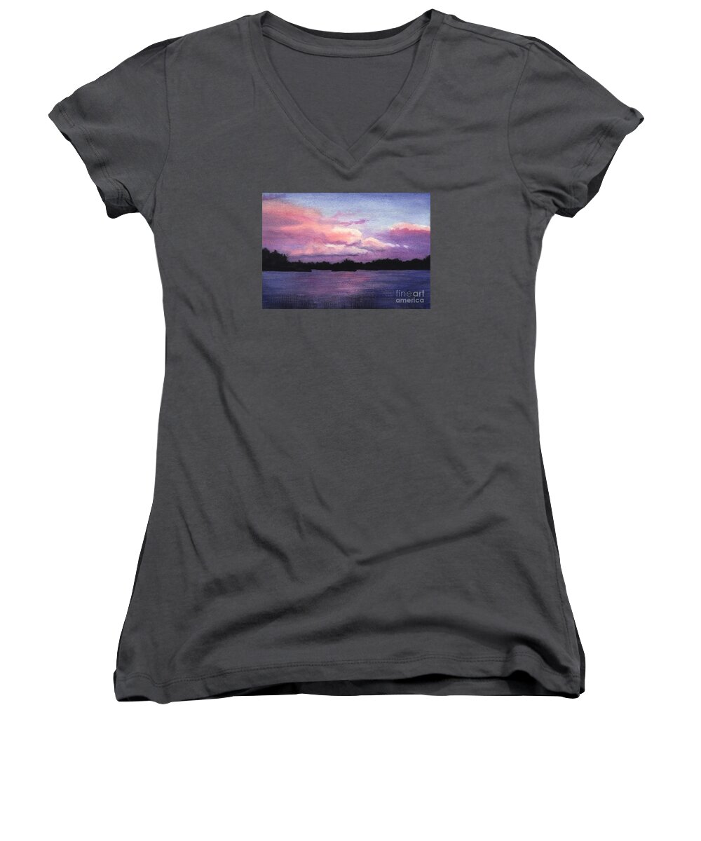 Landscape Women's V-Neck featuring the painting Trout Lake Sunset I by Lynn Quinn