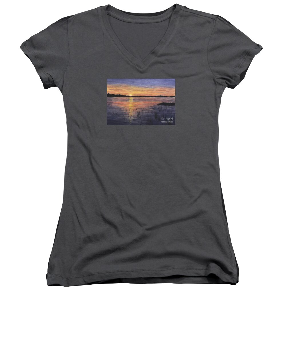 Landscape Women's V-Neck featuring the painting Trout Lake Sunset II by Lynn Quinn