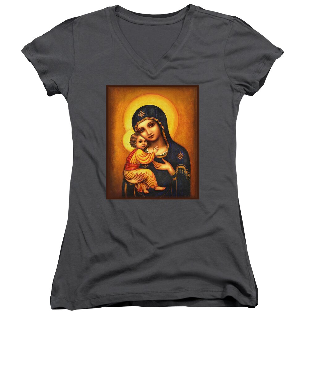 Madonna And Child Women's V-Neck featuring the mixed media Tryptichon Madonna by Ananda Vdovic