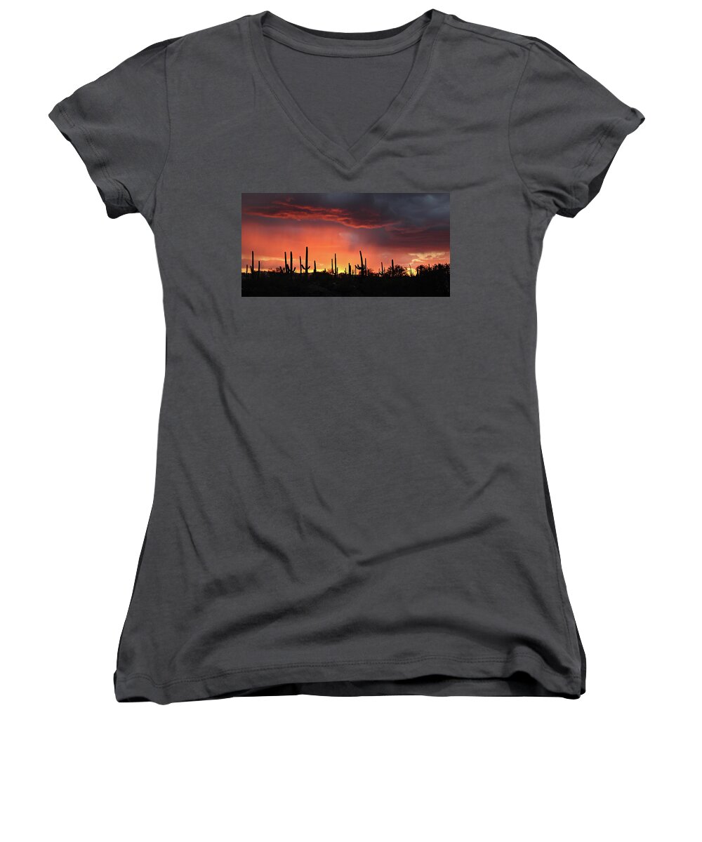 Tucson Women's V-Neck featuring the photograph Tucson Sunset with Rain by Jean Clark