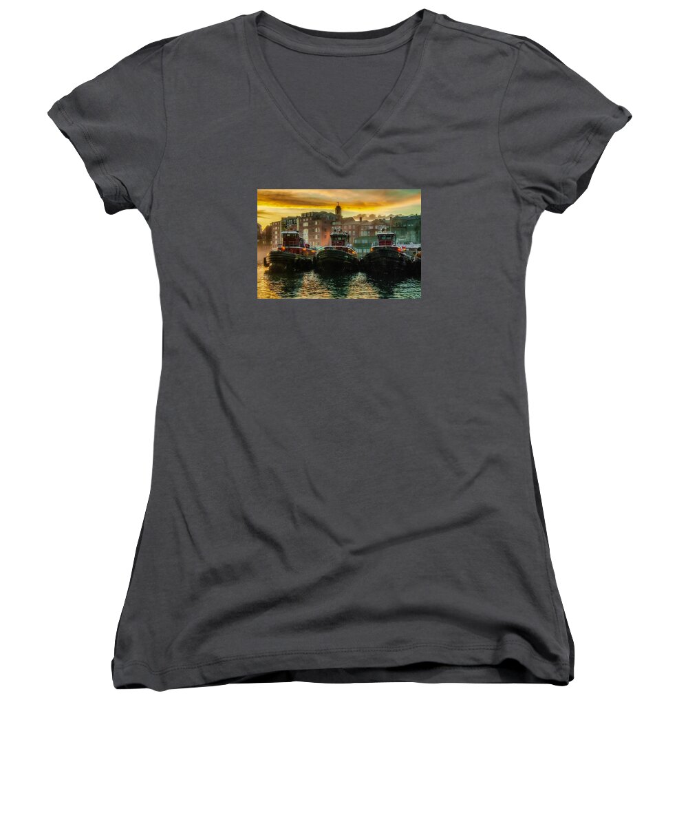 New England Women's V-Neck featuring the photograph Tugboats in Portsmouth Harbor at Dawn by Thomas Lavoie