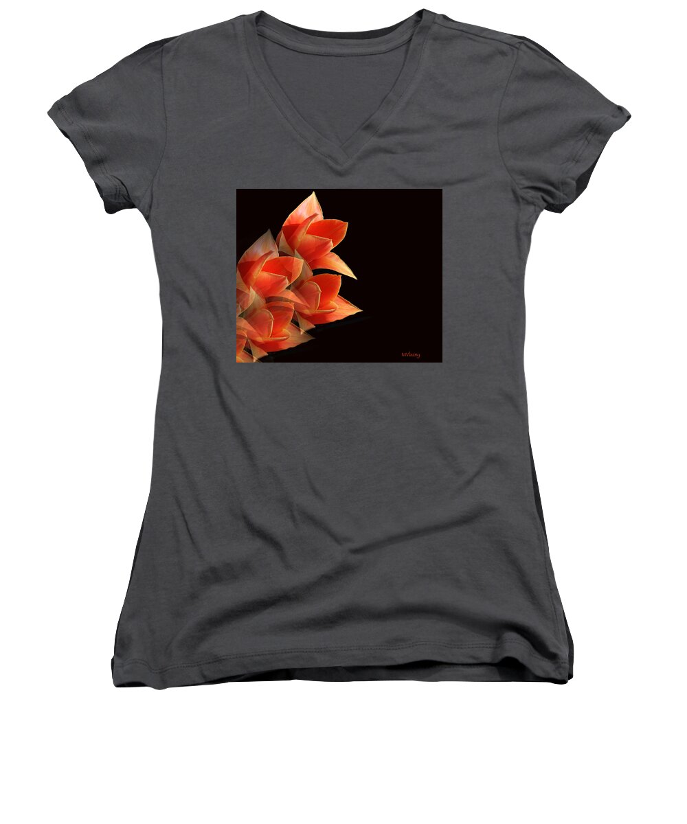 Tulip Women's V-Neck featuring the photograph Tulips Dramatic Orange Montage by Femina Photo Art By Maggie