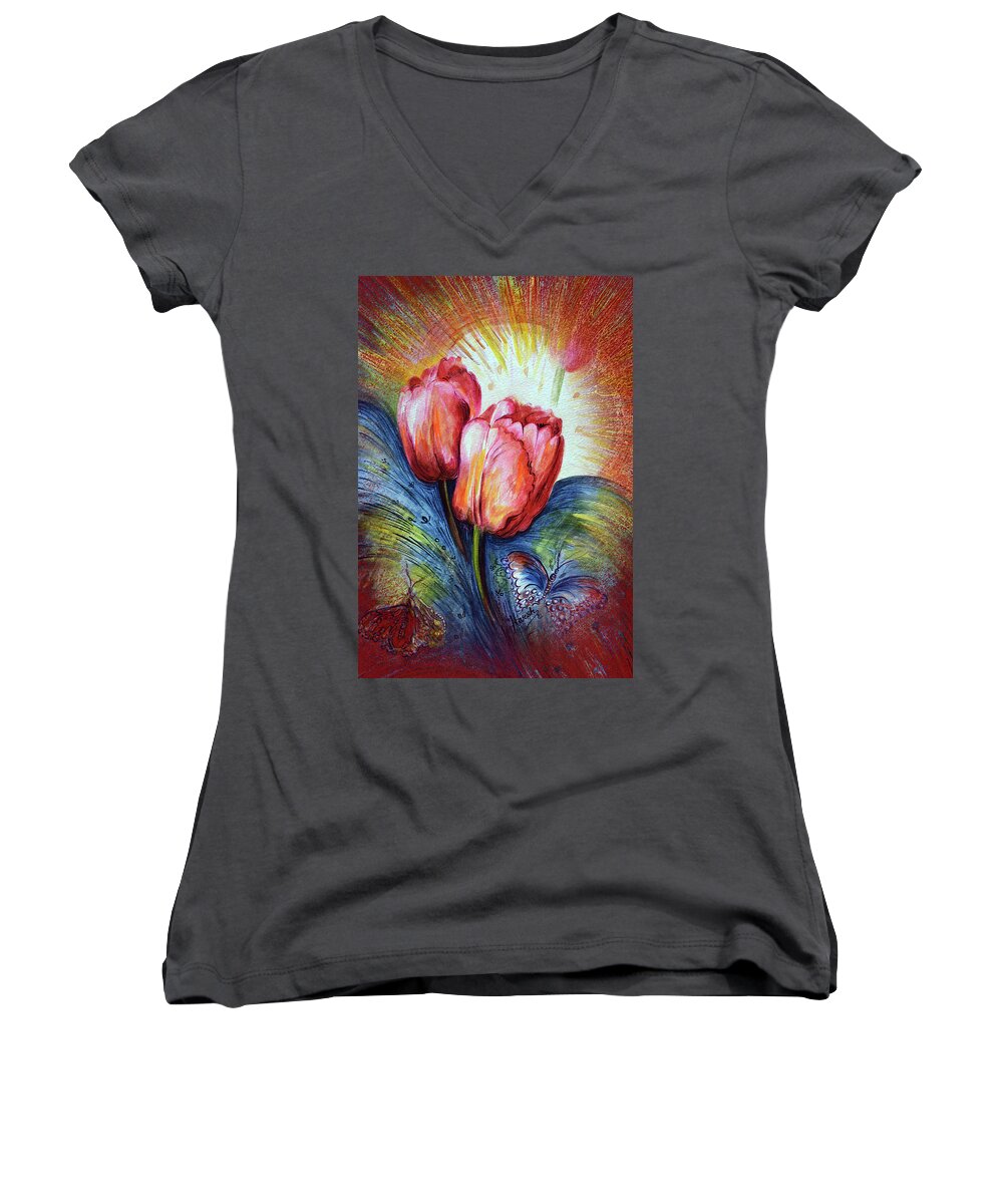 Tulips Women's V-Neck featuring the painting Tulips by Harsh Malik