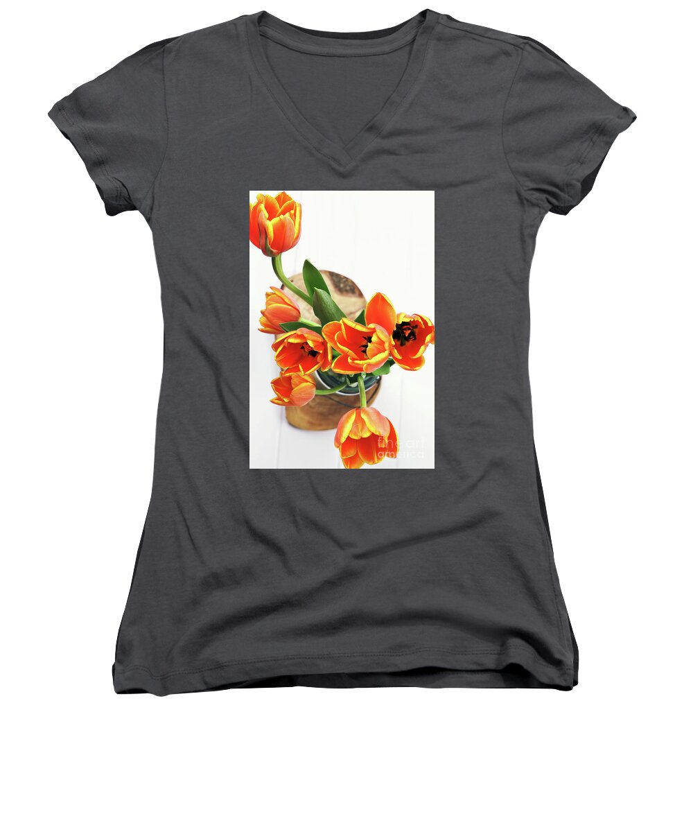 Tulips Women's V-Neck featuring the pyrography Tulips by Stephanie Frey