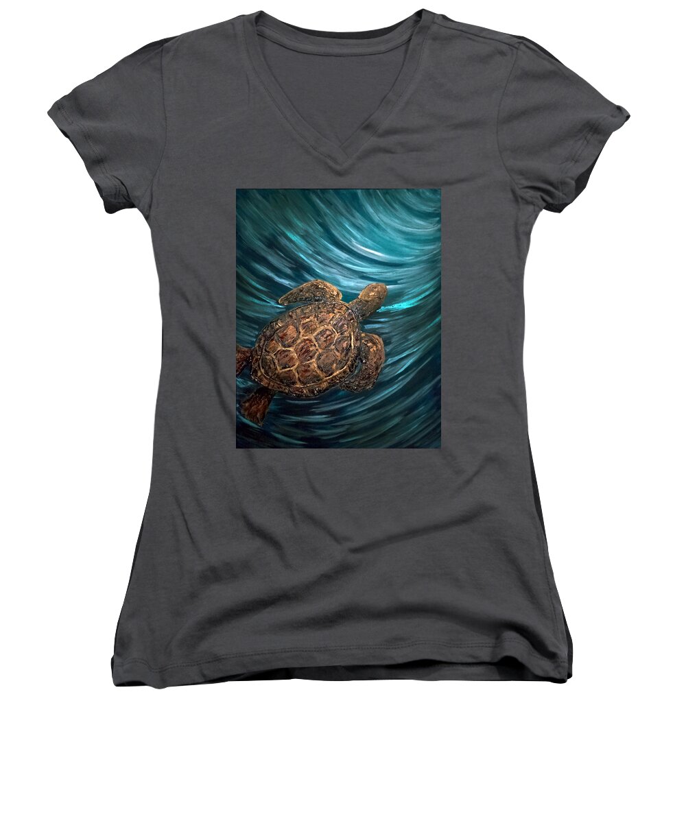 Sea Women's V-Neck featuring the painting Turtle Wave Deep Blue by Michelle Pier