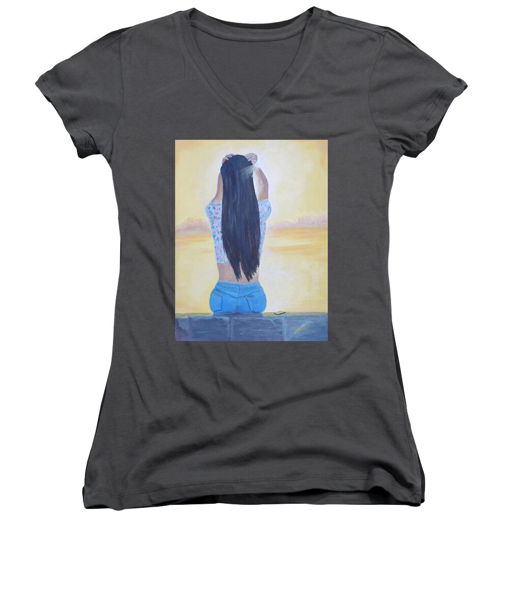 Girl Women's V-Neck featuring the painting Tweet from God by Mike Jenkins