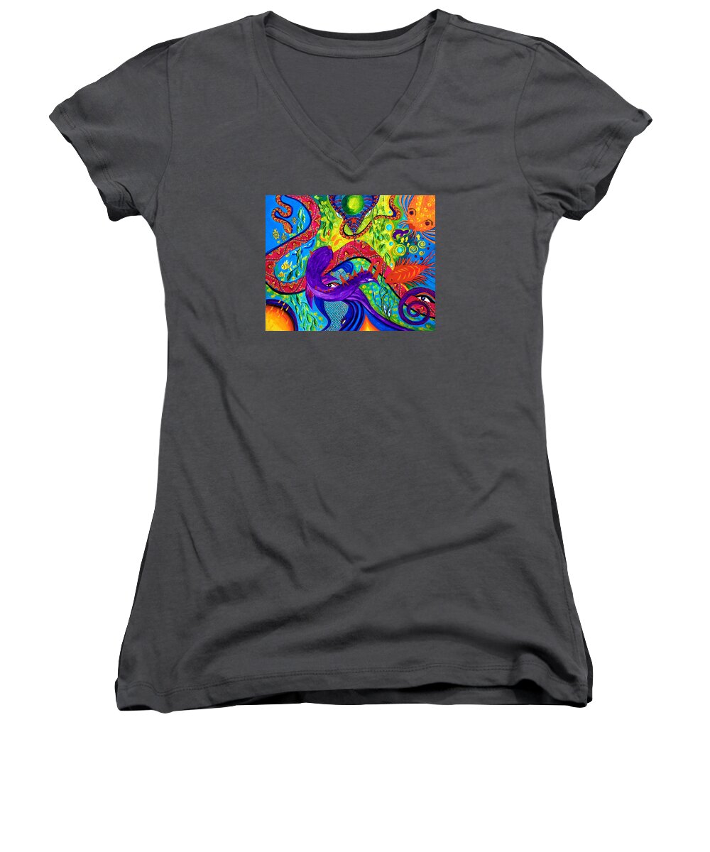 Abstract Women's V-Neck featuring the painting Undersea Adventure by Marina Petro
