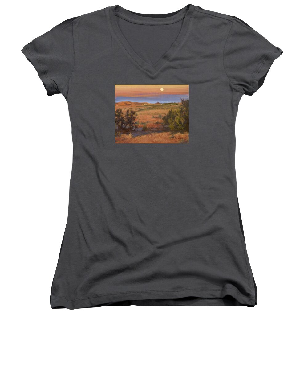 Moon Women's V-Neck featuring the painting Twilight Moonrise, Valyermo by Jane Thorpe