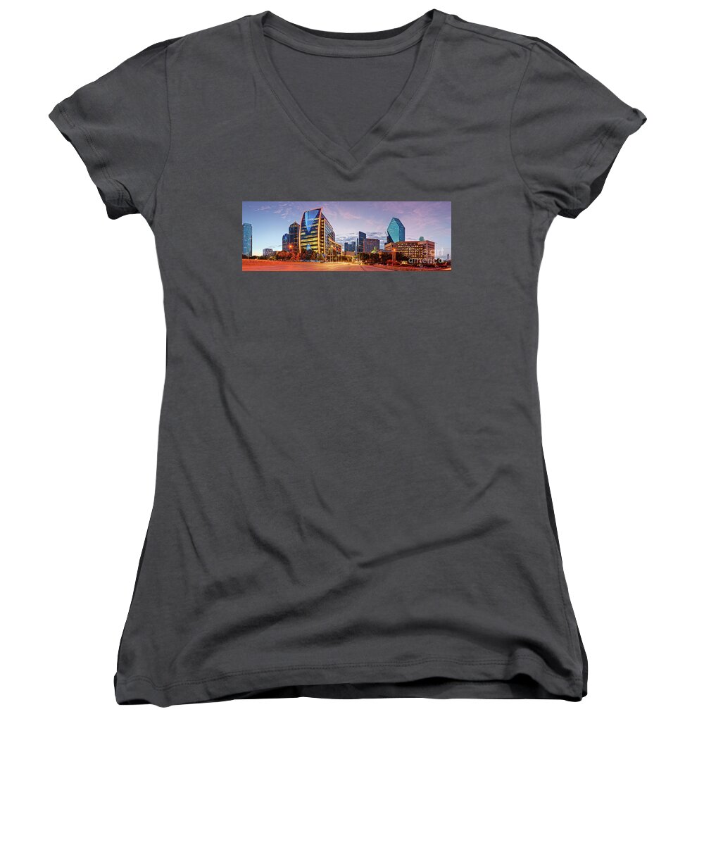 Downtown Women's V-Neck featuring the photograph Twilight Panorama of Downtown Dallas Skyline - North Akard Street Dallas Texas by Silvio Ligutti
