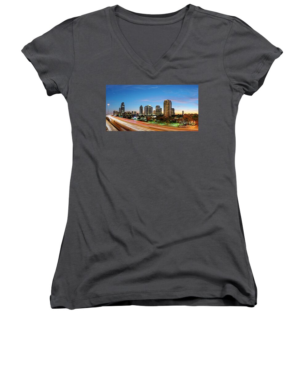 City Women's V-Neck featuring the photograph Twilight Panorama of Uptown Houston Business District and Galleria Area Skyline Harris County Texas by Silvio Ligutti