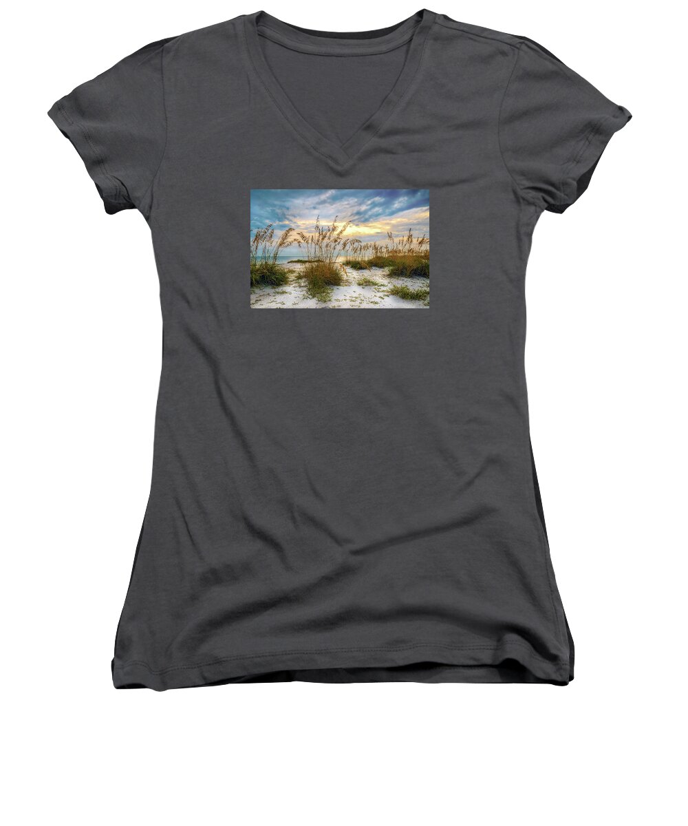 Beach Women's V-Neck featuring the photograph Twilight Sea Oats by Steven Sparks