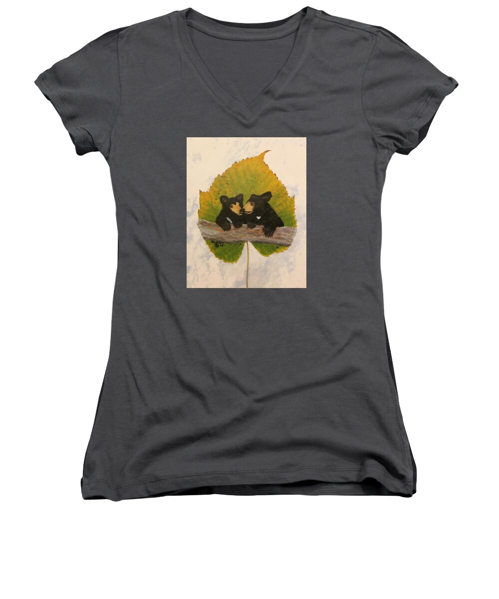 Bear Women's V-Neck featuring the painting Twin Bear Cubs by Ralph Root