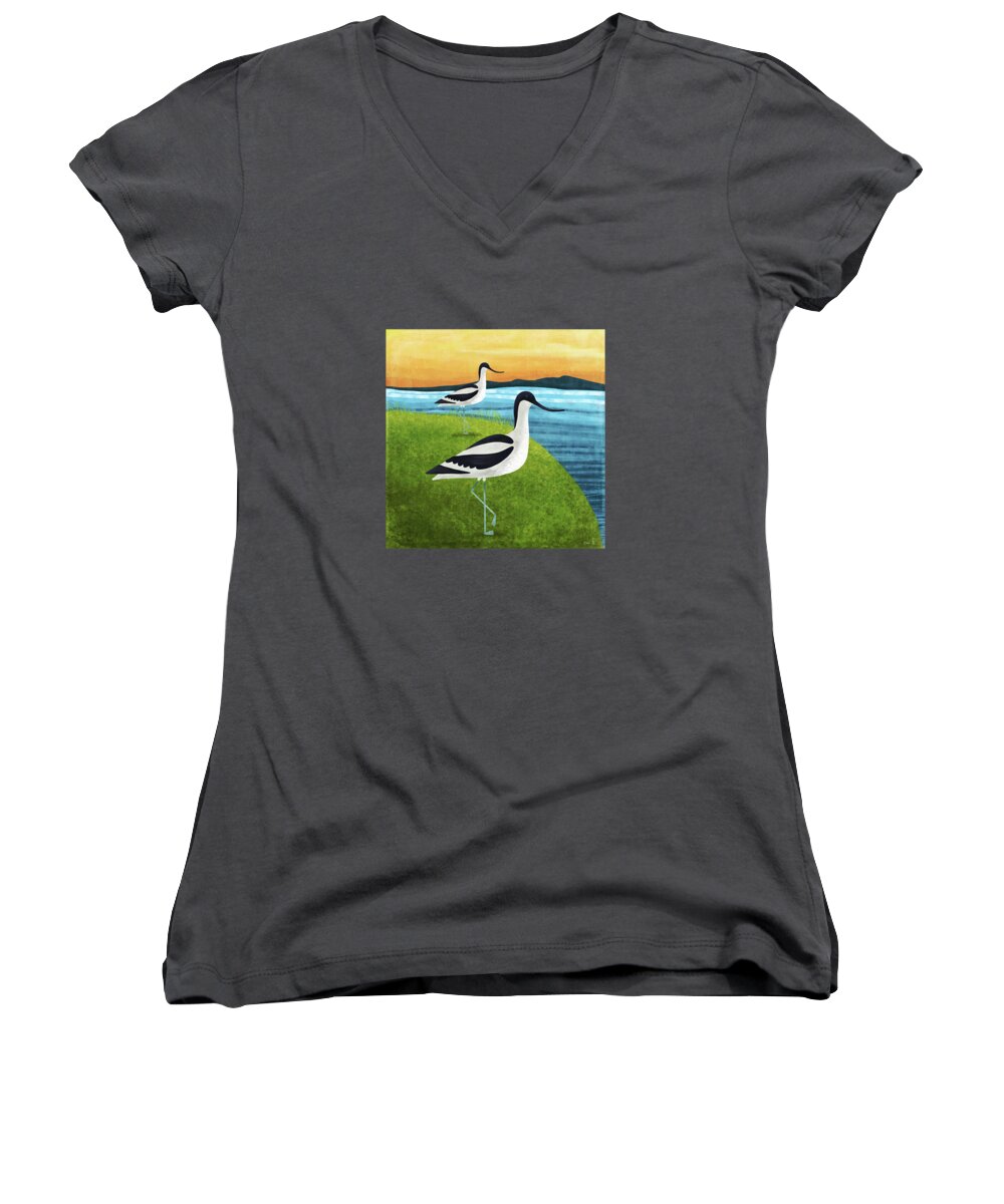 Birds Women's V-Neck featuring the painting Two Avocets In Suffolk by Little Bunny Sunshine