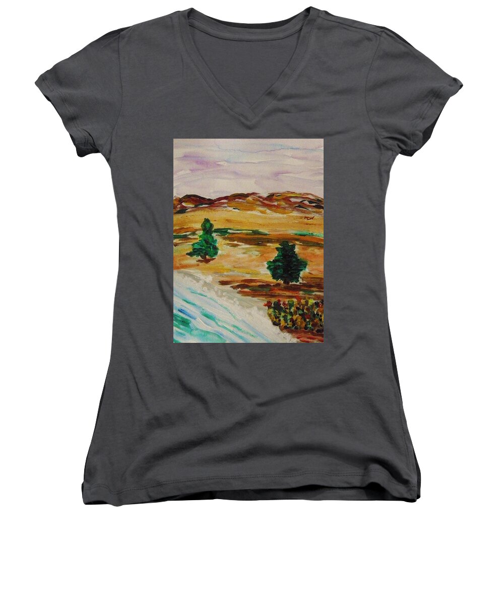 Two Cedars By The Sea Women's V-Neck featuring the painting Two Cedars by the Sea by Mary Carol Williams